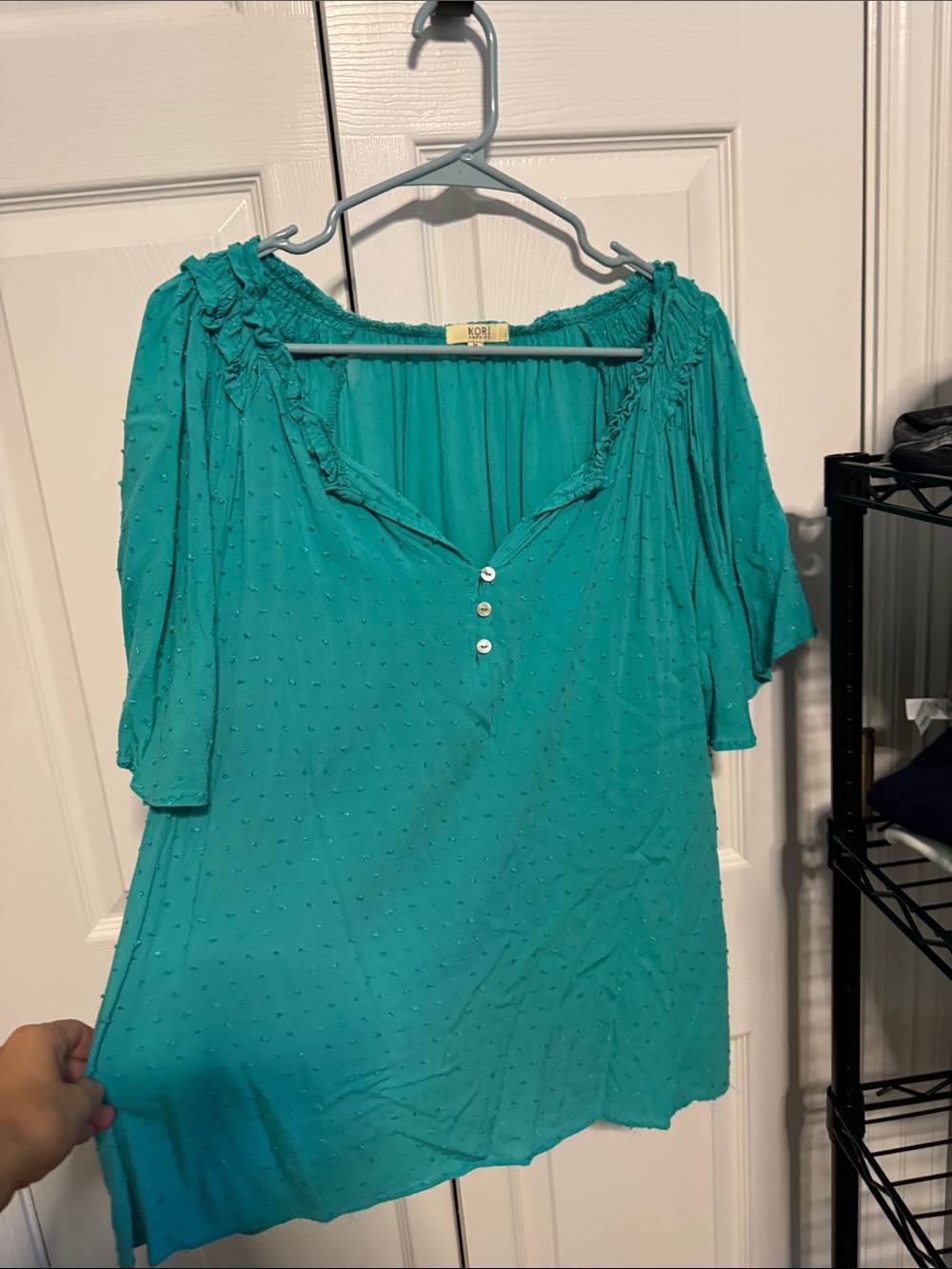 Kori Teal Swiss Dot Peasant Blouse